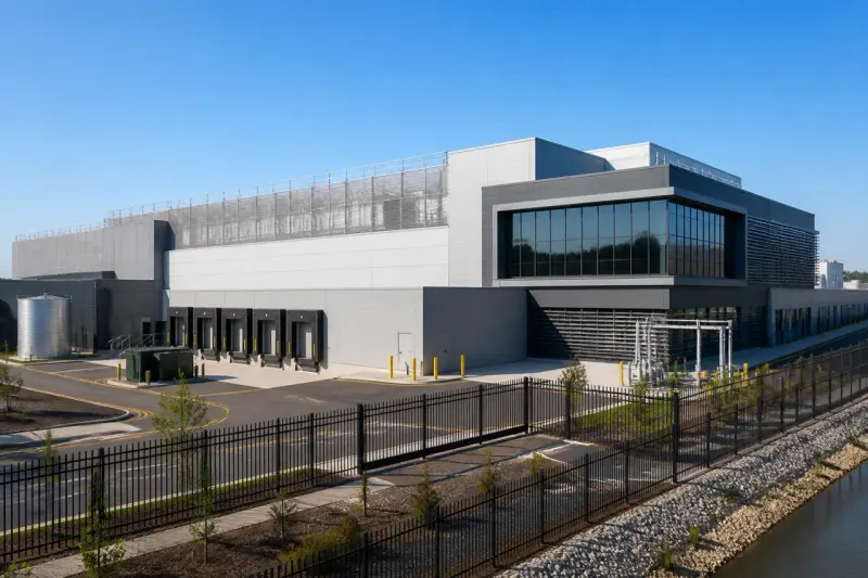 An exterior view of a modern data center building amidst urban surroundings.