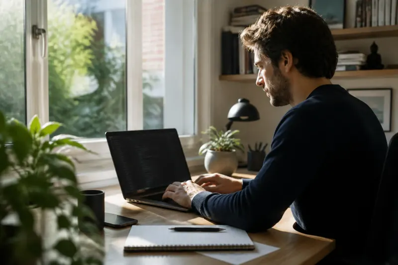 A user interacting with Claude Code on a laptop in a cozy workspace