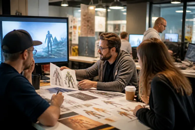 An office displaying various in-game graphics and concepts pinned on the walls.