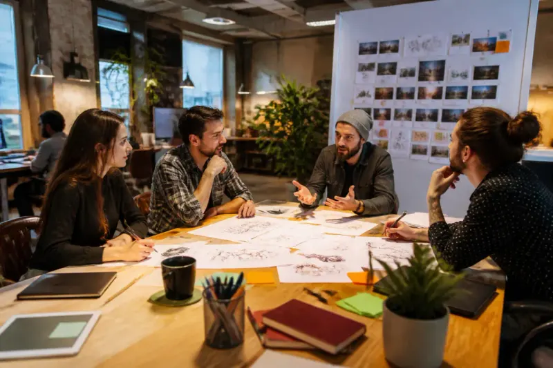 Developers sketching concepts for new gameplay features on a whiteboard.