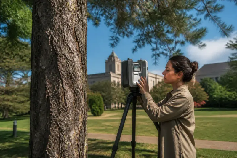 A researcher conducts LiDAR scanning on an urban tree
