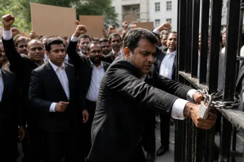 Protest outside a Gujarat court against new filing rules.