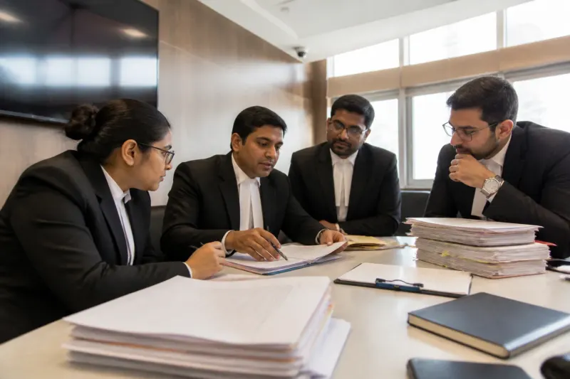 A table with various legal documents and stationery on it.