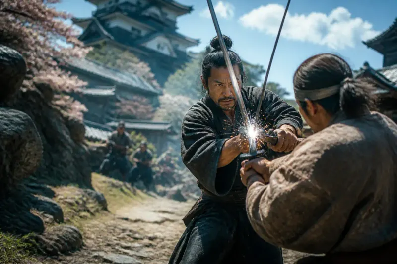 A dramatic screenshot showcasing the intense sword-fighting action in Onimusha: Way of the Sword.