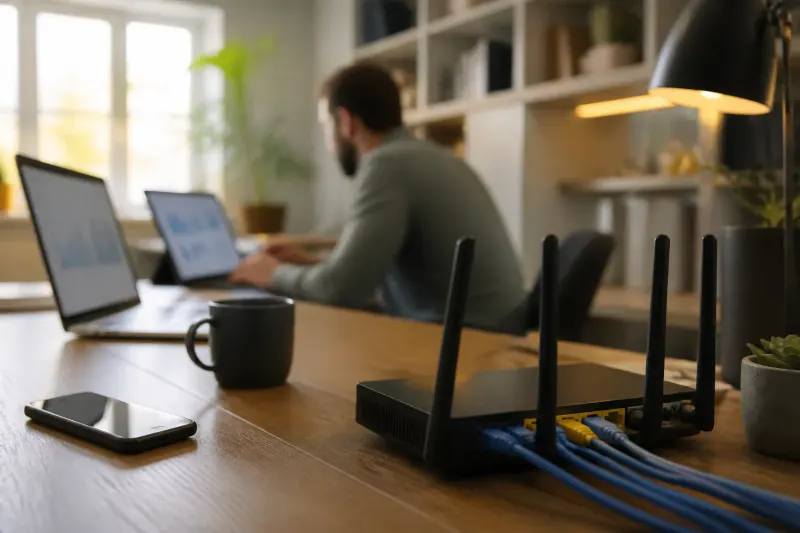 A home networking setup featuring a router and connected devices, illustrating issues related to CGNAT.