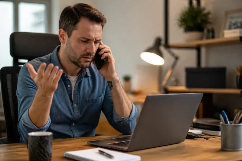A user on a call with their ISP, looking frustrated over the static IP charges.