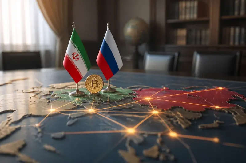 A digital representation of cryptocurrency transactions on a blockchain network connecting Iran and Russia.