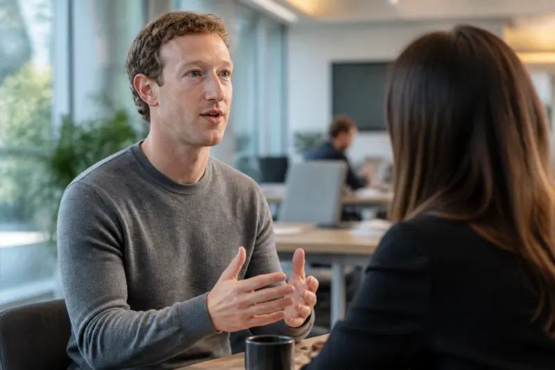 A digital representation of Mark Zuckerberg contemplating AI's future in a bright tech office.