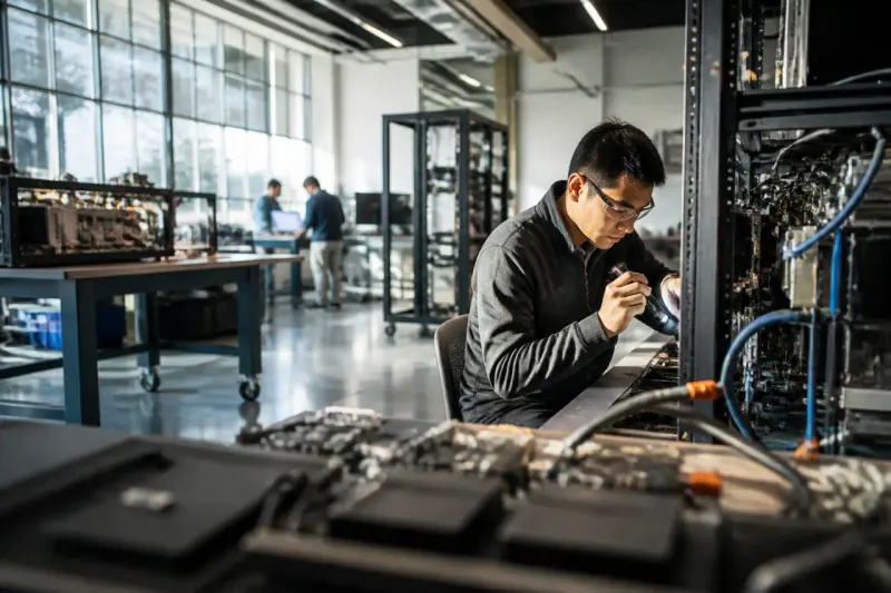 A technician adjusting hardware in an AI accelerator lab
