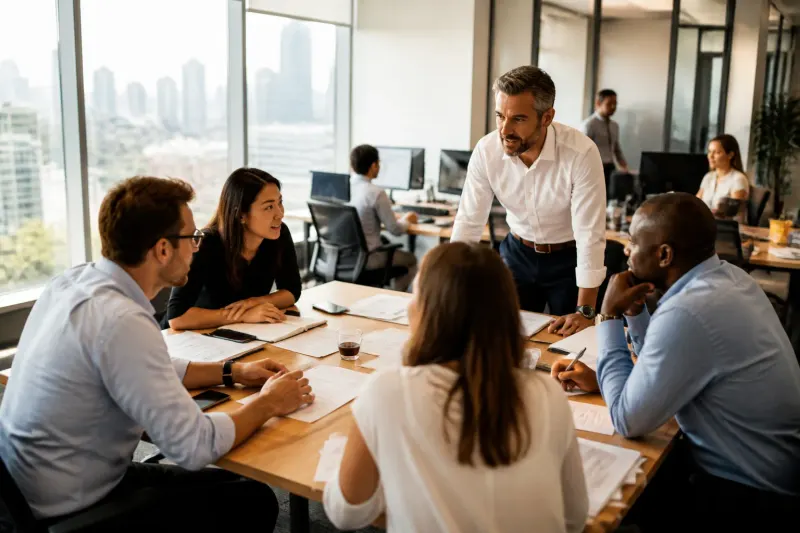 A bustling office space filled with people discussing investment strategies.