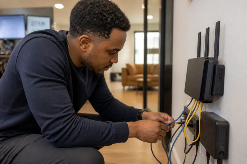 Network setup including routers and cables in a home office.