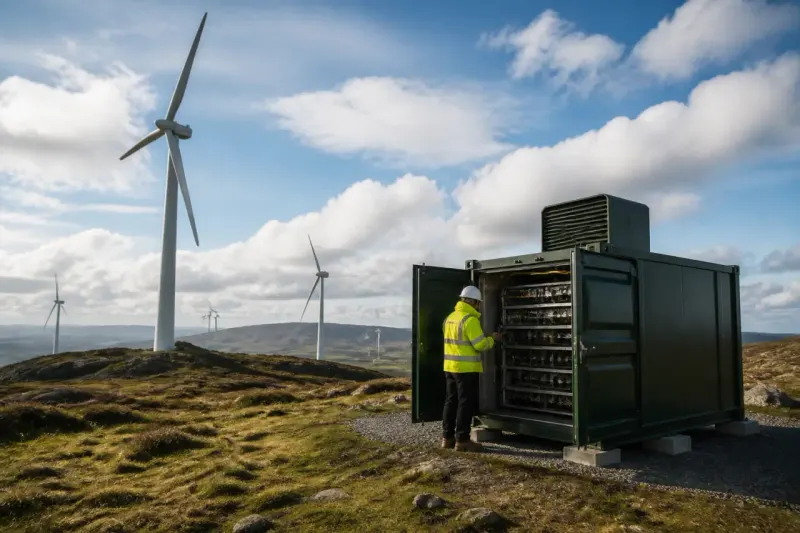 A wind farm with turbines generating electricity for Bitcoin mining