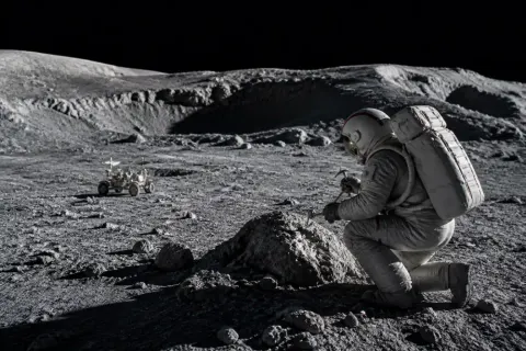 A detailed view of the Moon's surface with shadowed craters suggesting potential water ice deposits.