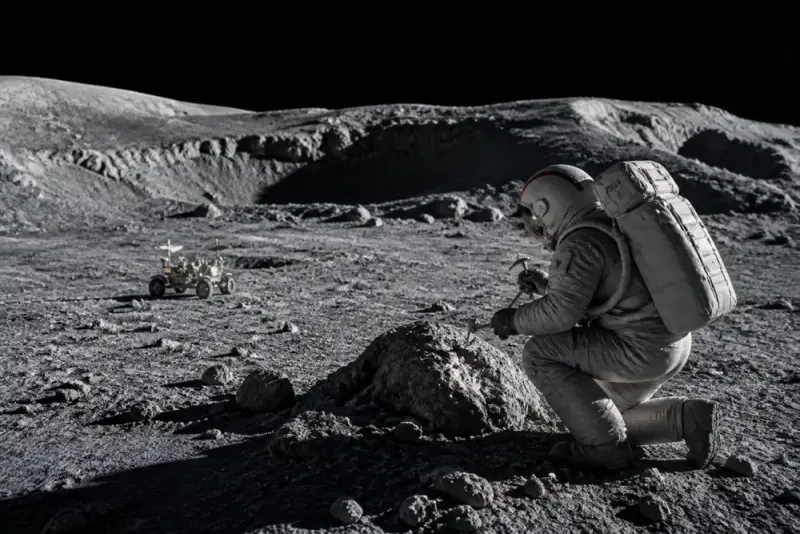 A detailed view of the Moon's surface with shadowed craters suggesting potential water ice deposits.