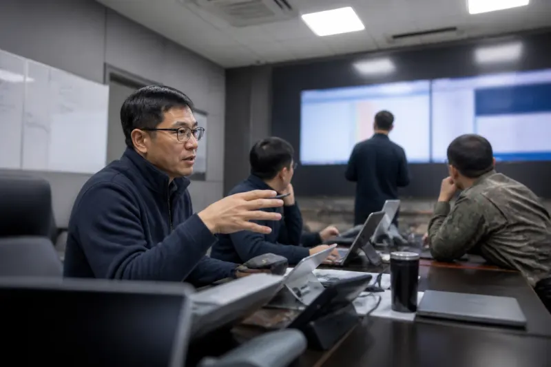 A cybersecurity team meeting discussing recent vulnerabilities and threats.