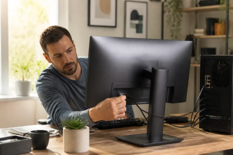 Person connecting a monitor to a Windows PC, looking concerned about automatic app installations.