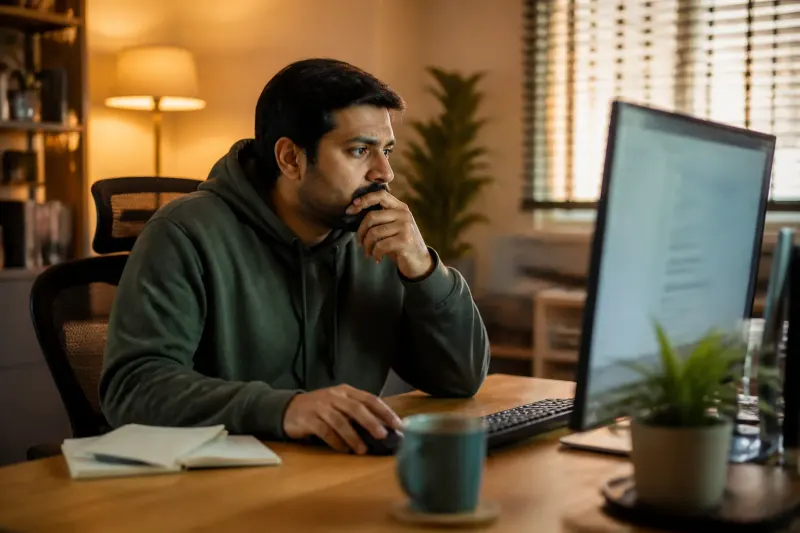 User studying a computer screen with notes, contemplating privacy settings.