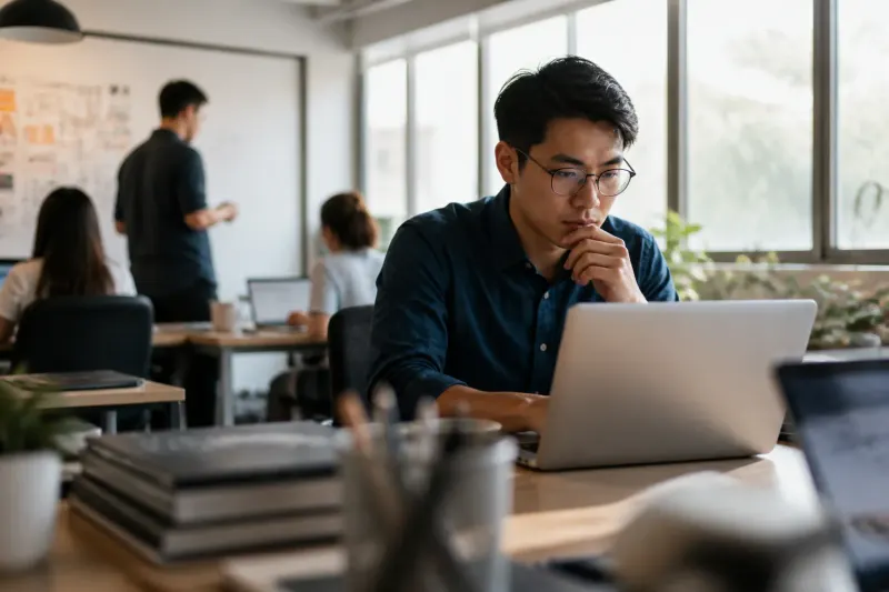 A developer checking code on a laptop at a workbench in a collaborative space.