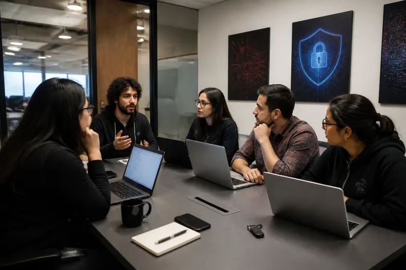 A software development team discussing code security at a table filled with laptops and documents.