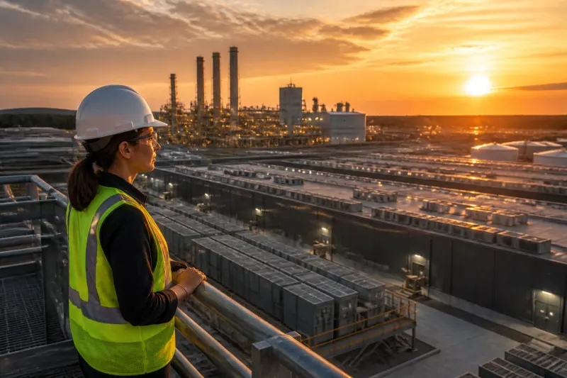 A panoramic view of data center facilities with natural gas power plants in the background during sunset.