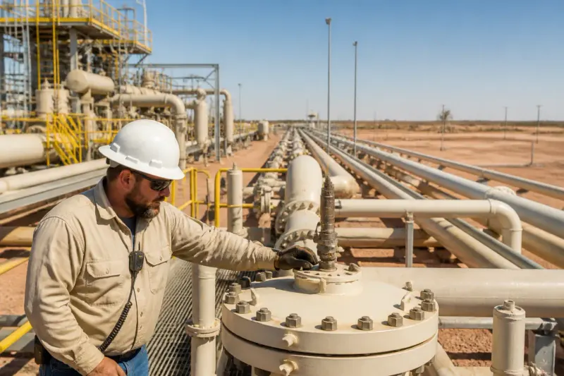 A natural gas processing facility in West Texas with pipes and machinery.