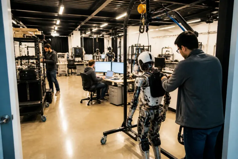 A workshop with engineers conducting testing on AI systems.