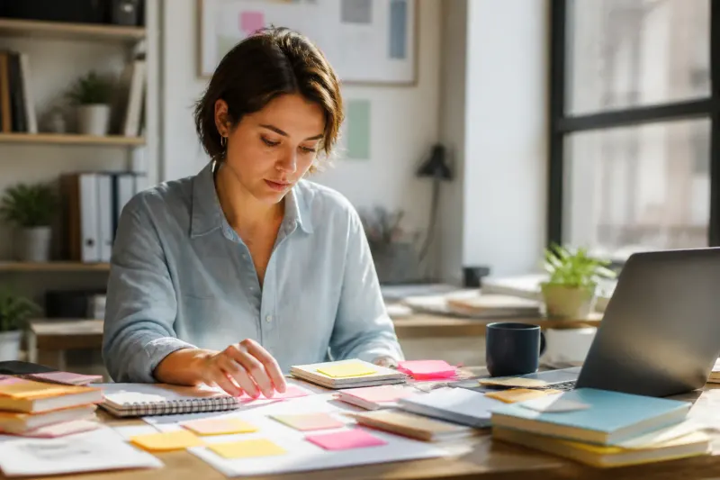 A user managing projects with sticky notes and notebooks on a desk.