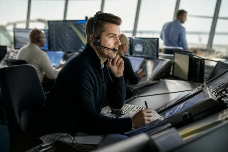 An air traffic control center with controllers monitoring screens in a busy setting.