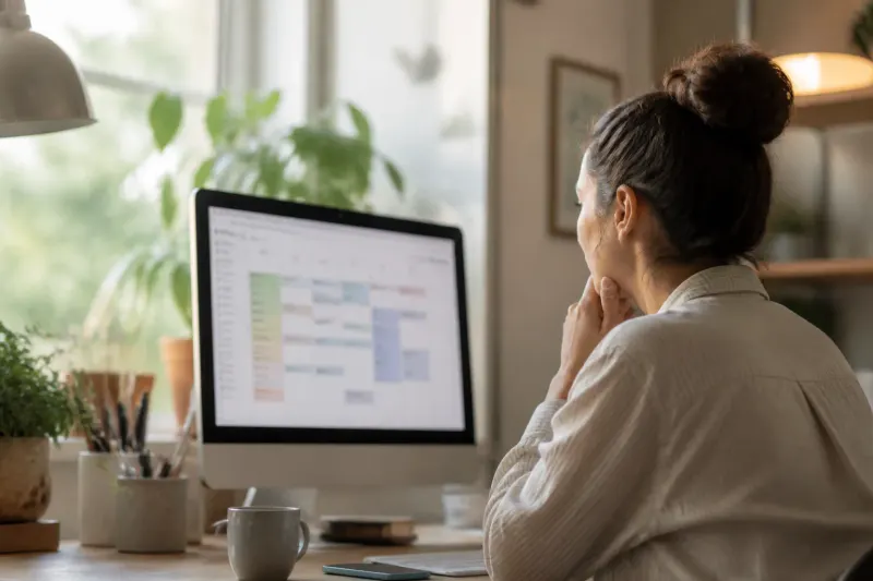 A person interacting with a local AI model on a computer while viewing a well-organized Google Calendar on the screen.
