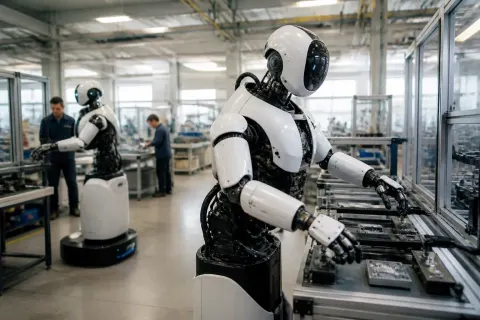 A modern robotics facility showcasing autonomous machines in operation.