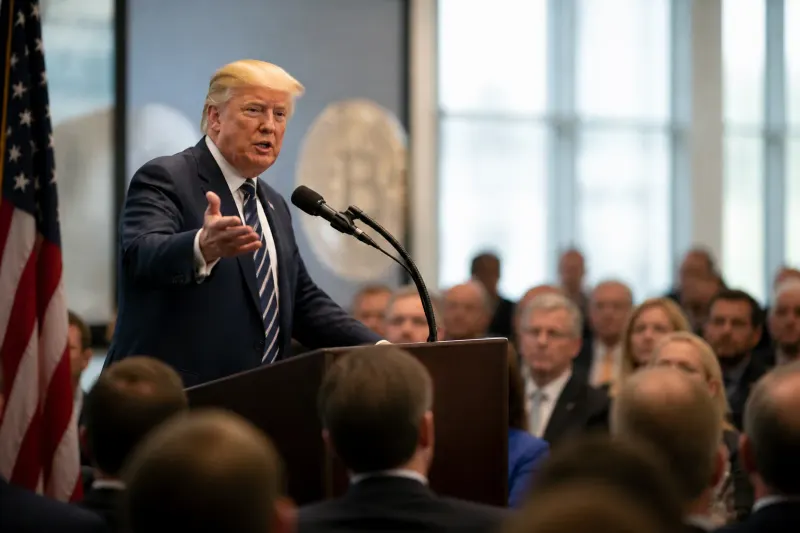 President Trump speaking at a podium about cryptocurrency