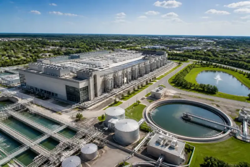 A data center facility with multiple cooling units and pipes.