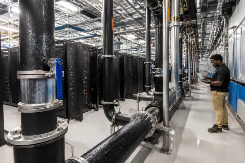 View of a bustling data center with recycled water systems visibly integrated.