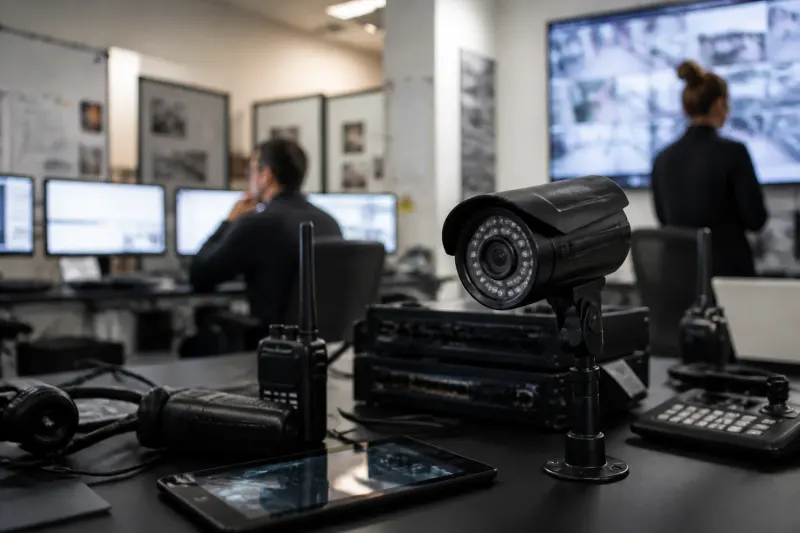 A display of surveillance tools including cameras and monitoring software.