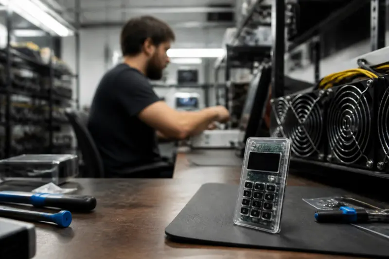 A Coldcard wallet on a table surrounded by bitcoin mining equipment and tools.