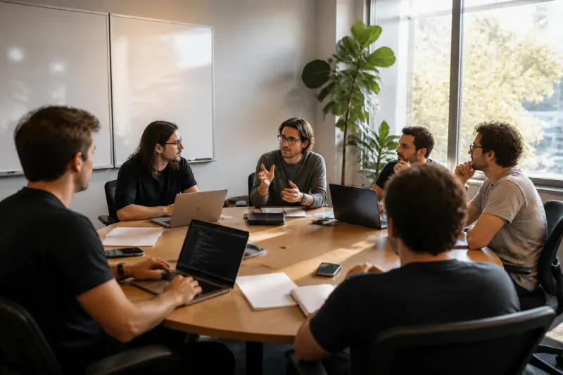 Developers discussing improvements for Bitcoin Core at a round table surrounded by notes and devices.