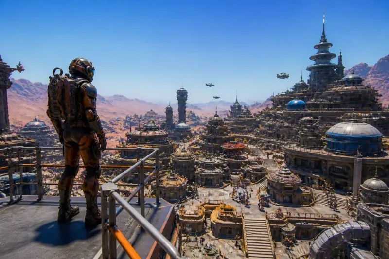 A panoramic view of Aeon City in No Man's Sky, showcasing futuristic buildings and vibrant player activity.