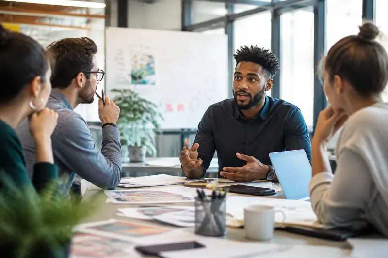 A group of creative individuals discussing AI tools in a modern collaborative workspace.