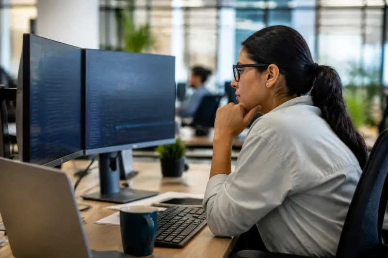 A cybersecurity professional monitoring network activity on a computer.