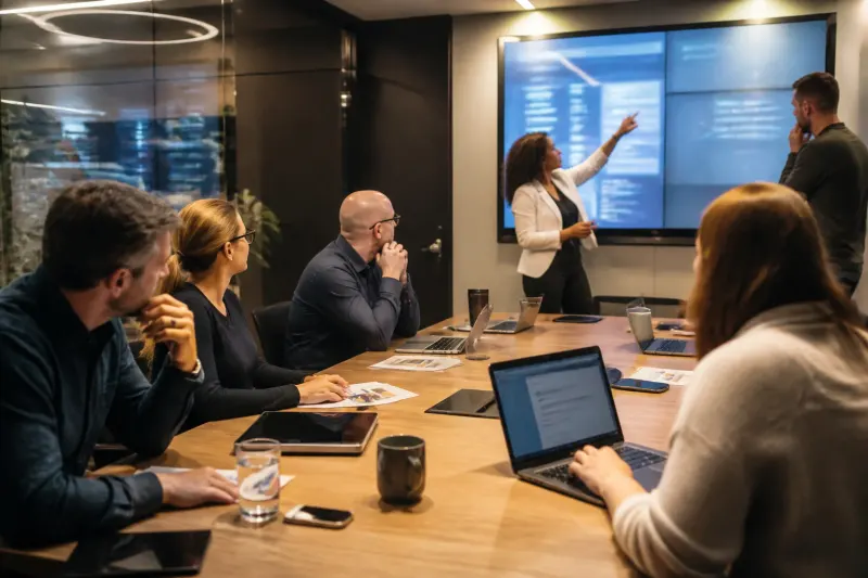 A team of cybersecurity professionals meeting in a conference room discussing data protection.