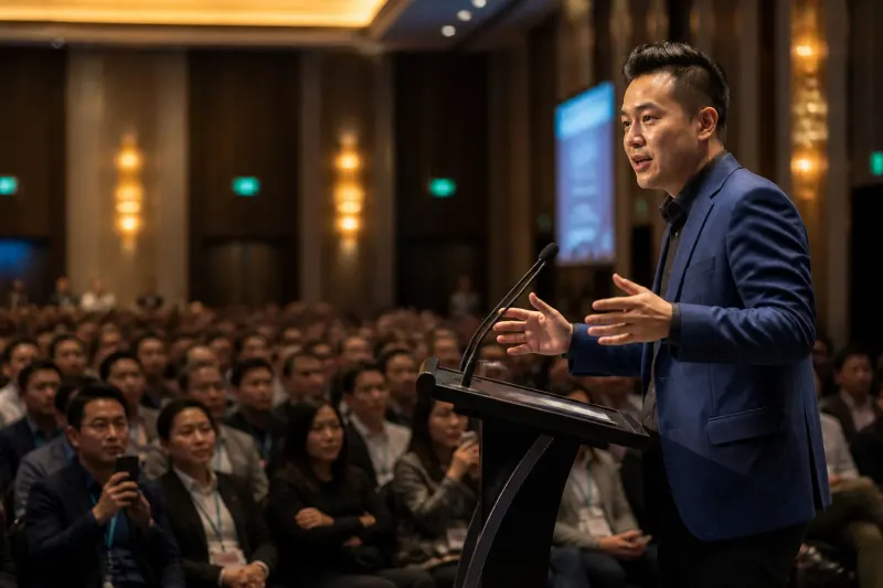 Justin Sun giving a speech at a cryptocurrency conference.