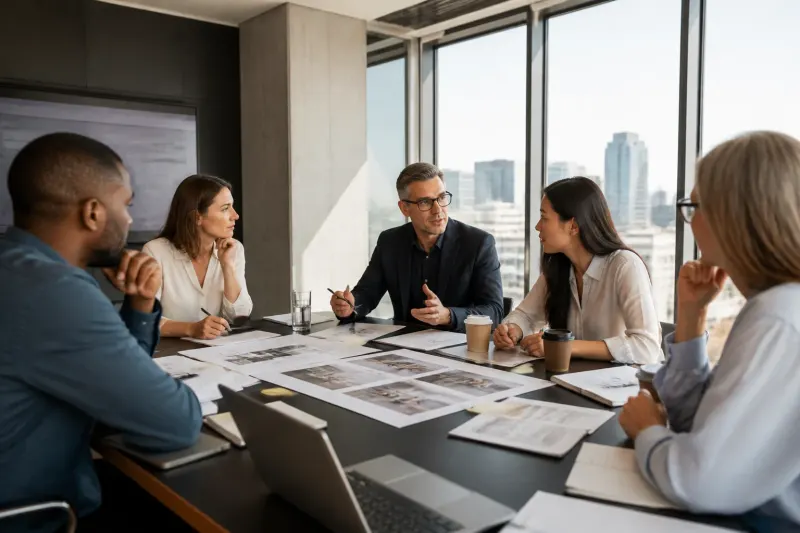 A conference room with a group discussing investment regulations.