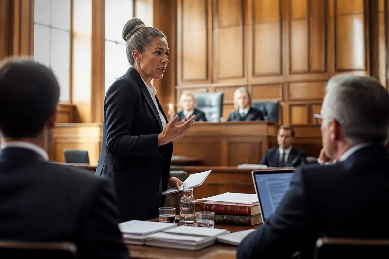 A modern courtroom session discussing AI training and copyright law.
