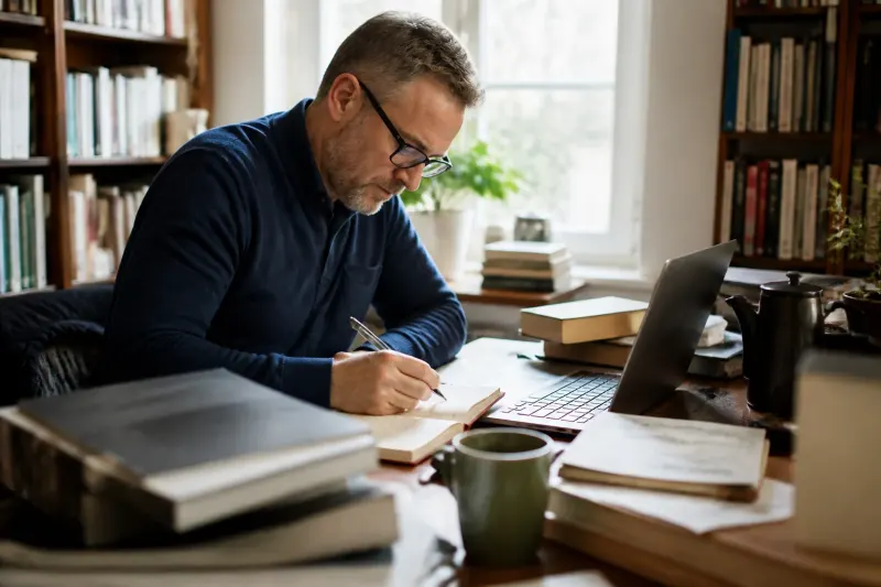 An author working on a manuscript with AI tools in view.