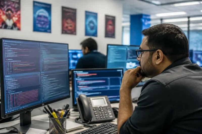 A close-up of a digital security operations platform displaying alerts about the trojans in a tech office.
