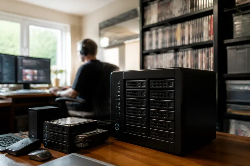 A home server setup featuring Jellyfin with multiple external drives connected.