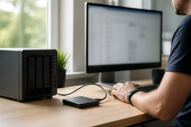 A backup drive connected via USB, displaying essential media files being copied.