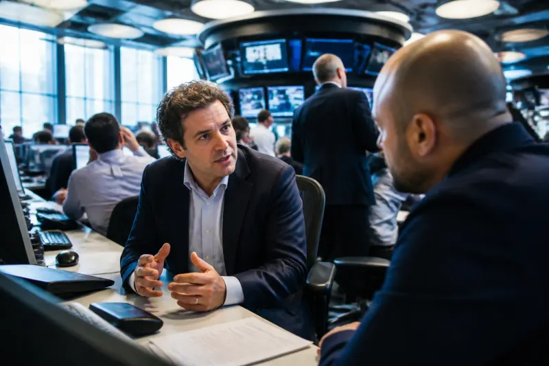 A busy trading floor with traders engaged in discussions about Bitcoin contracts.