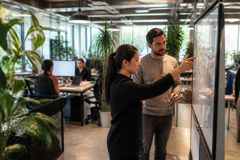 OpenAI engineers collaborating on AI developments in a modern workspace.