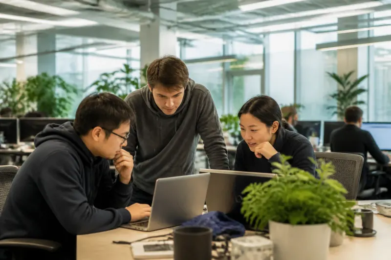 OpenAI engineers collaborating on AI developments in a modern workspace.